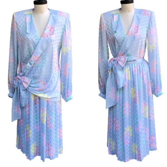 Vtg 80s Pastel Daisies Floral Bow Blouse Skirt Separates Coordinated Suit Set - Picture 1 of 17